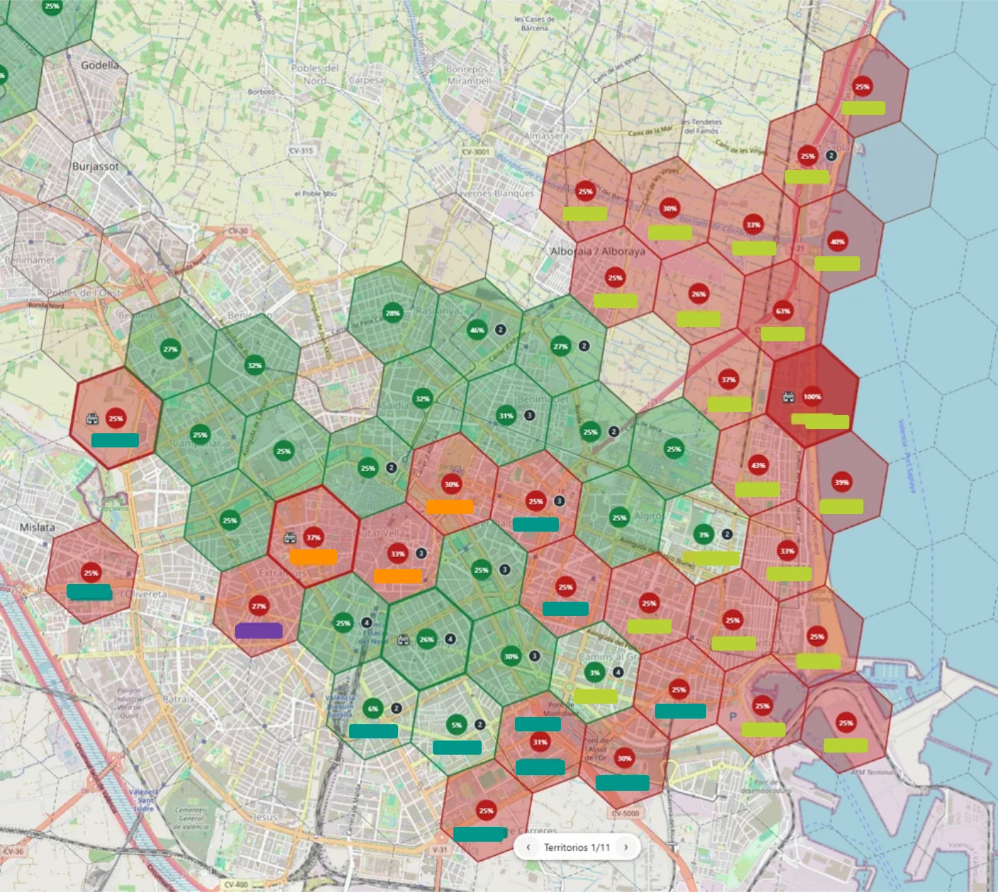 Mapa de territorios compartidos en Valencia; las etiquetas de jugadores están ocultas